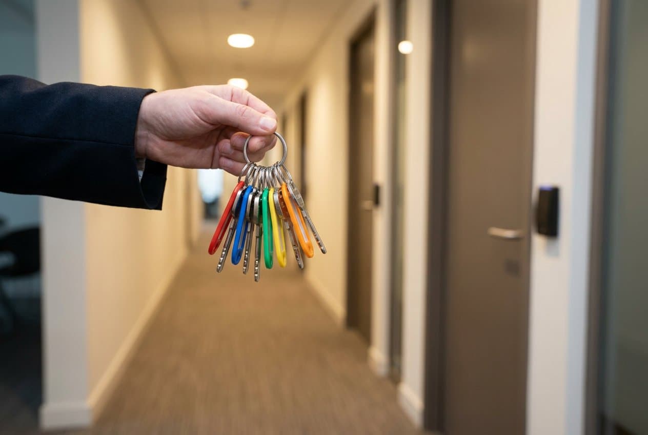 Facilities manager holding a ring of tagged master keys in an office corridor