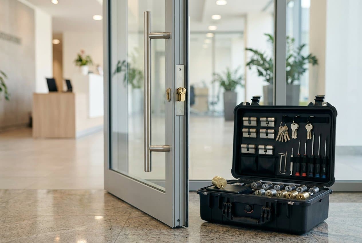 Commercial glass entrance door with a newly fitted lock cylinder and an open locksmith tool case