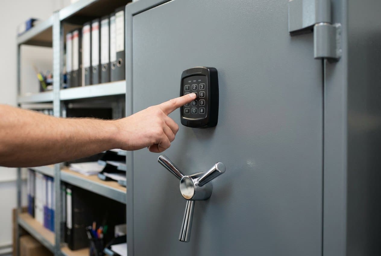 Entering a code on the electronic keypad lock of a commercial safe