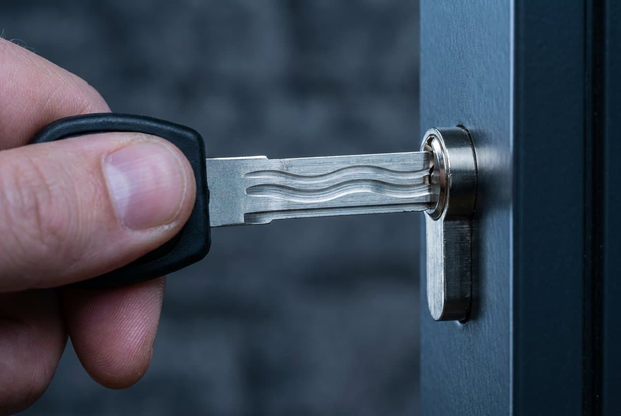 High security key with a wave-cut profile entering a door cylinder