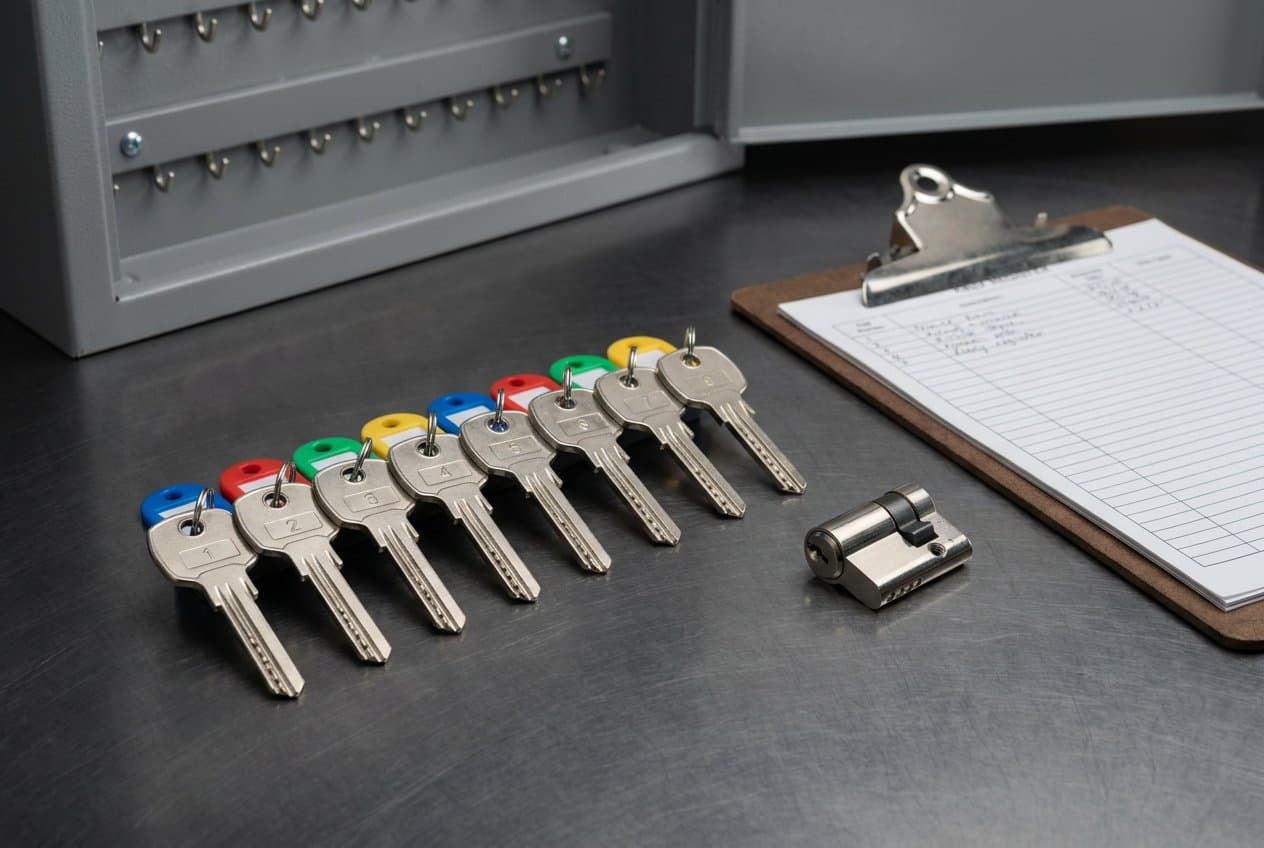 Numbered restricted keys with coloured tags, a lock cylinder and a key register
